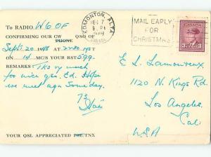 1948 Vintage Qsl Ham Radio Card In Edmonton Alberta AB Canada t1915