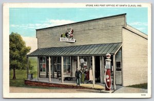 Santa Claus Indiana~Store & Post Office~Gas Pump~Linen Postcard
