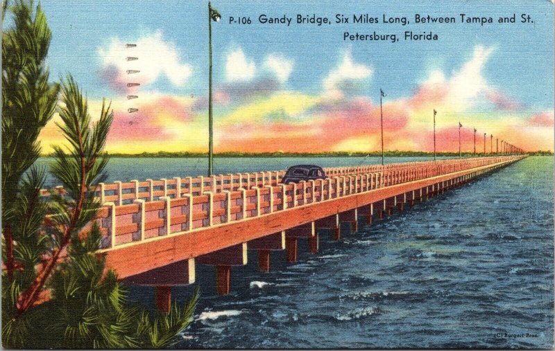 Gandy Bridge Tamps St Petersburg FL Florida Postcard PM Cancel WOB Note VTG 2c 