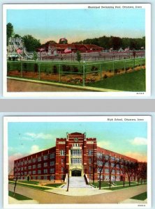 2 Postcards OTTUMWA, Iowa IA ~ HIGH SCHOOL, Municipal Swimming Pool c1940s Linen