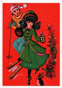 Antique 1950s Postcard Christmas Skiing Couple Unused Greeting Card 6 x 4