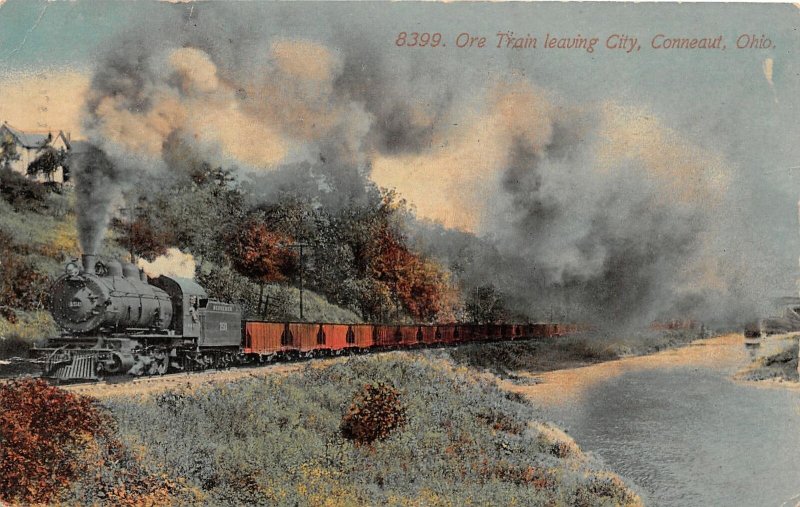 G44/ Conneaut Ohio Postcard 1912 Ore Train Railroad Locomotive