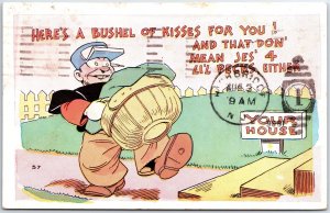 VINTAGE POSTCARD HERE'S A BUSHEL OF KISSES FOR YOU!  1936 COMIC BROOKLYN N.Y.