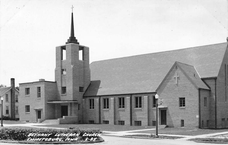Emmetsburg Iowa~Bethany Lutheran Church~House Next Door~1940s Real Photo~RPPC