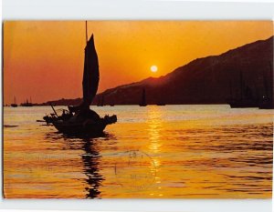 Postcard A sail in the setting sun, Hong Kong, China