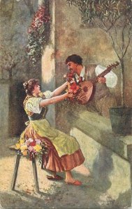 Romantic couple love idyll painting K. Lerch morning song