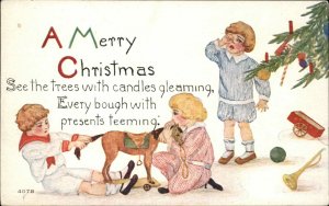 Christmas Children Fight Over Toy Horse c1910 Vintage Postcard