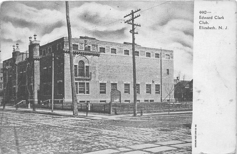 Elizabeth New Jersey~Edward Clark Club Corner Street View~1905 B&W Postcard