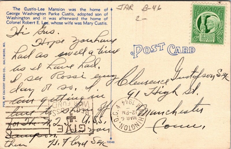 Custis Lee Mansion Arlington VA Virginia Linen Postcard WOB 1c Freedom Stamp 