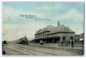 c1905 C. B. & Q. Station Locomotive Train Creston Iowa Antique Vintage Postcard