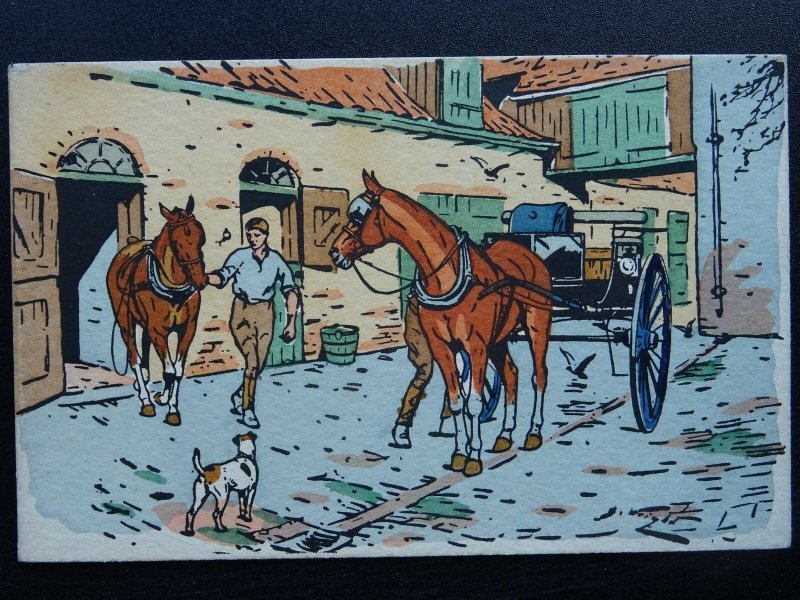 Country Life STABLE PREPARE CART TRAP Old Hand Coloured Postcard by E.W. Savory