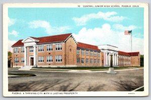 Pueblo Colorado~Central Junior High School~Front & Side~Lamp Post~1930 Postcard