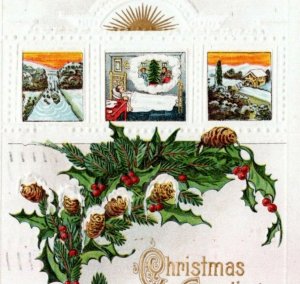 Postcard Christmas Greetings - embossed holly and scenes