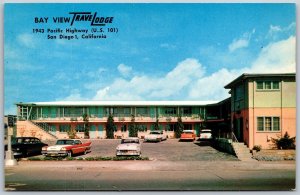 Vtg San Diego California AA Bay View Travel Lodge Motel Old Cars 1960s Postcard