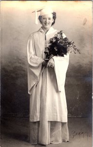 RPPC Postcard Young Woman Graduation Portrait Cap Gown Bouquet 1943