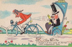 French Bicycle Coach Transport Cycle Old France Comic Postcard