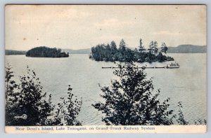 Steamboat & Canoes, Near Devil’s Island, Lake Temagami Ontario, Antique Postcard
