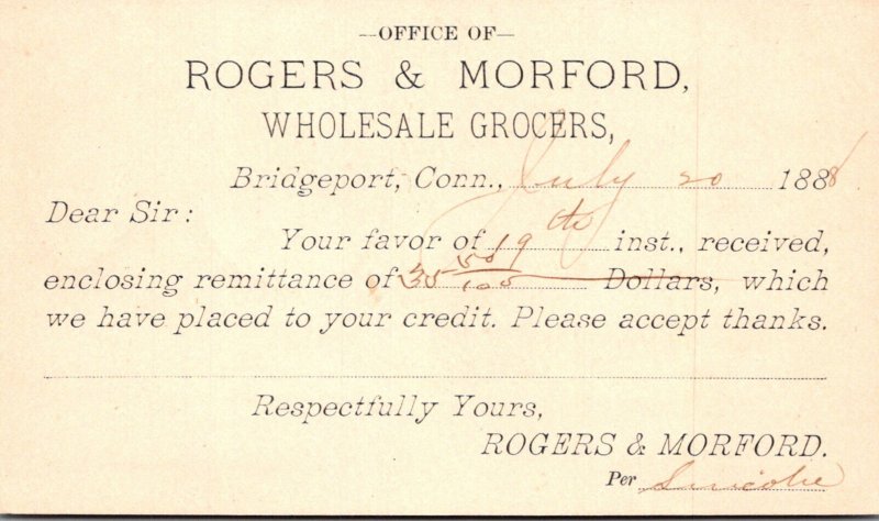 Connecticut Bridgeport Rogers & Morford Wholesale Grocers 1899