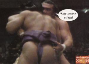 The Saturday Show Breath Stinks Sumo Wrestling BBC TV Advertising Postcard