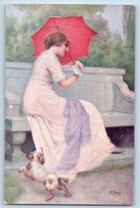 Artist Signed Postcard Pretty Woman With Umbrella Dog Austria 1916 Antique