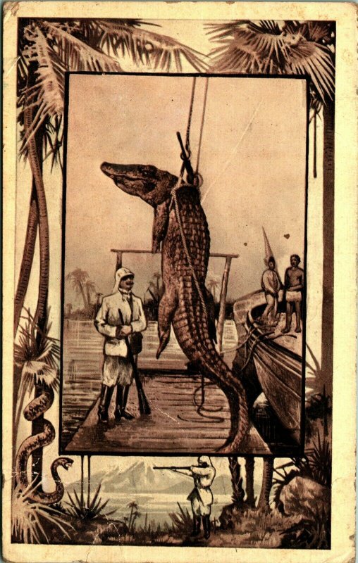 Crocodile Illustration Hunters Poaching Art Period  1910 DB Postcard