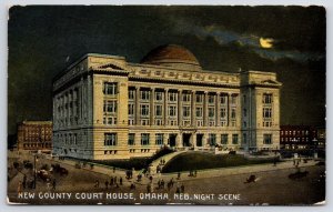 1910's New County Courthouse Omaha Nebraska NB Night Scene of Building Postcard