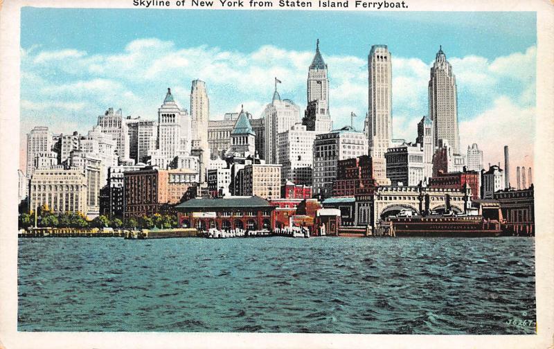 Skyline of New York from Staten Island Ferryboat, Early Postcard, Unused