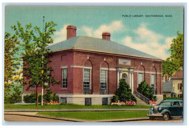 Public Library Building Car Southbridge Massachusetts MA Vintage Postcard 