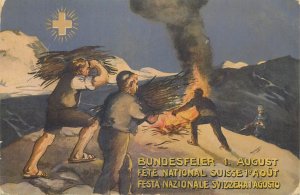 Switzerland swiss national celebration, bonfire litho, August 1, 1917 