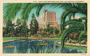 USA Elks Club From Westlake Park Los Angeles California Linen Postcard 07.49