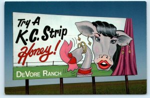 KANSAS TURNPIKE, KS ~ Advertising Billboard DEVORE RANCH Cow 4x6 Postcard 1993