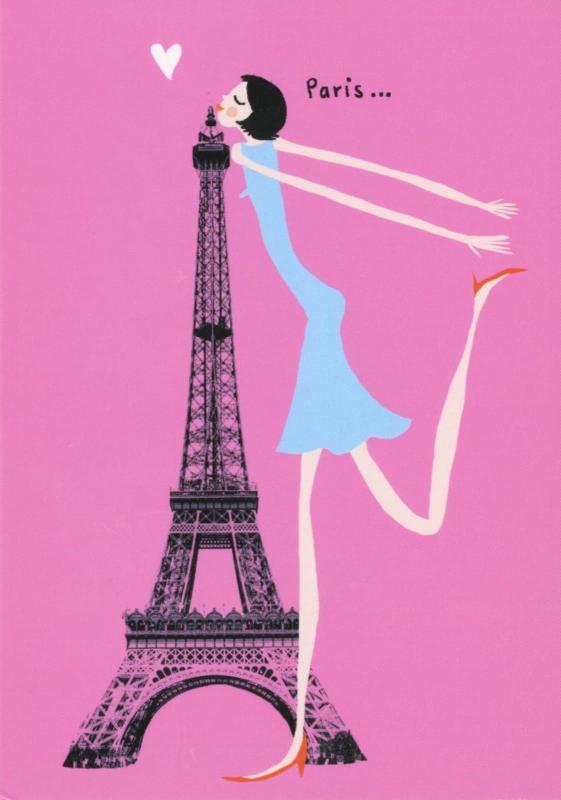 Paris Eiffel Tower Girl Woman Love Heart Pink Kiss Cartoon Animated Postcard D14