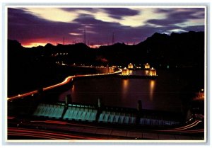 1978 Sunset At Hoover Dam Spillway Lighted Road Clark County Nevada NV  Postcard 