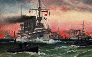 German Imperial Navy Battleships Squadron in North Sea Art 1907 Postcard