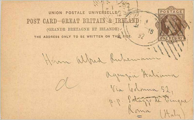 Entier Postal Stationery Postal Britain Great Britain in 1892 to Roma