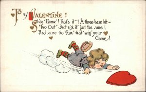 Valentine Fantasy Little Boy Slides Heart Home Base Baseball Vintage Postcard