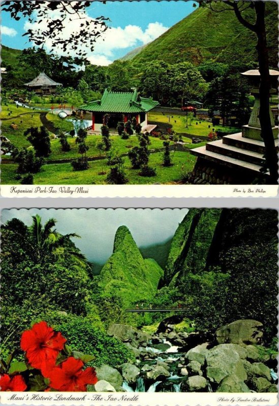 2~4X6 Postcards MAUI, Hi Hawaii KEPANIWAI PARK GARDEN & IAO VALLEY NEEDLE~Bridge