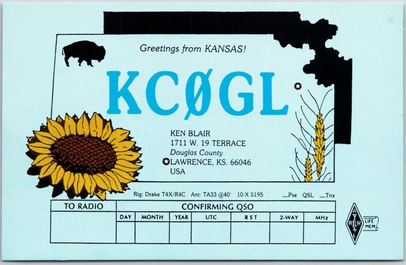 QSL Radio Card Lawrence Kansas KC0GL Amateur Station Postcard