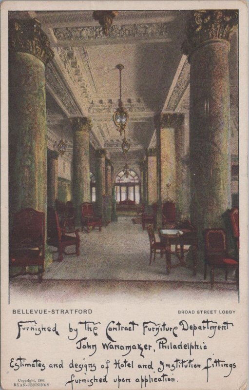 Postcard Broad Street Lobby Bellevue Stratford Philadelphia PA