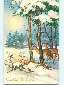 1950's New Year foreign DEER AND BIRDS IN WINTER SCENE o7253