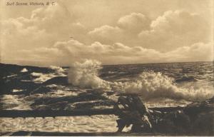 Surf Scene Victoria BC Pacific Ocean Waves Salish Sea Vintage Postcard E6