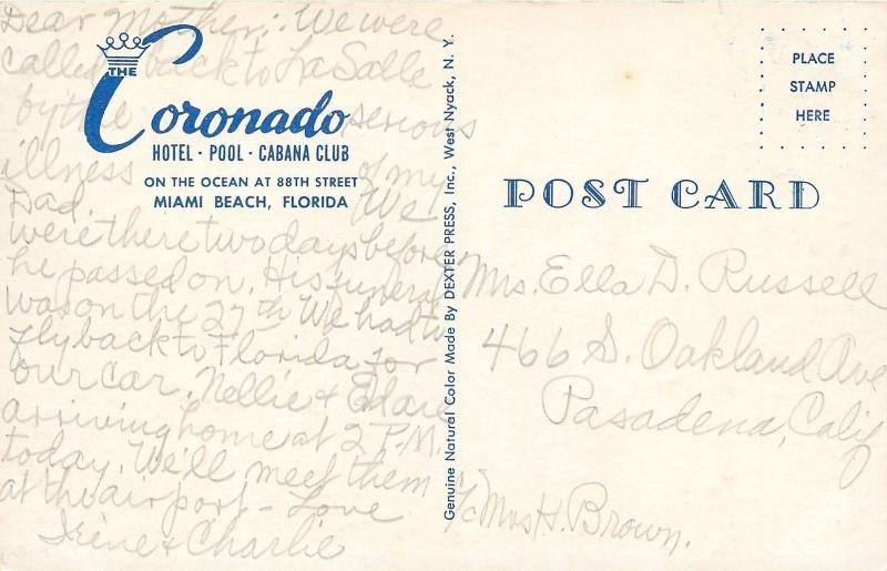 Miami Beach Florida~Coronado Hotel~Pool~Cabana Club~1950s Postcard
