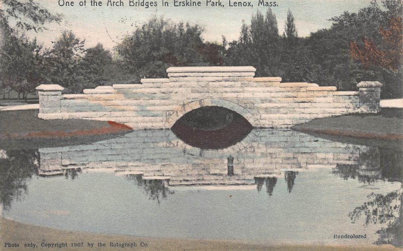 Arch Bridge in Erskine Park, Lenox, MA, Hand Colored Postcard, Used in 1909