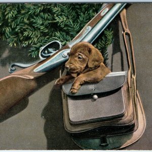 c1910s Adorable Hunting Dog Puppy Shotgun Bag Pine Leather Pouch Animals A345