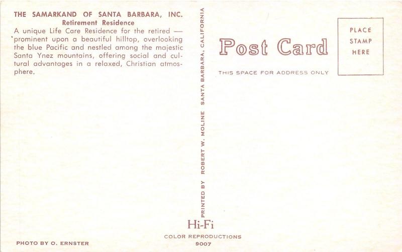 Santa Barbara California~Samarkand Retirement Residence~1950s Postcard