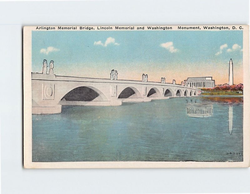 Postcard Arlington Memorial Bridge, Lincoln Memorial and Washington Monument, DC