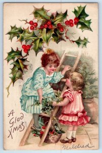 Christmas Postcard Children Ladder Holly Berries Nash Embossed Beverly MA 1910