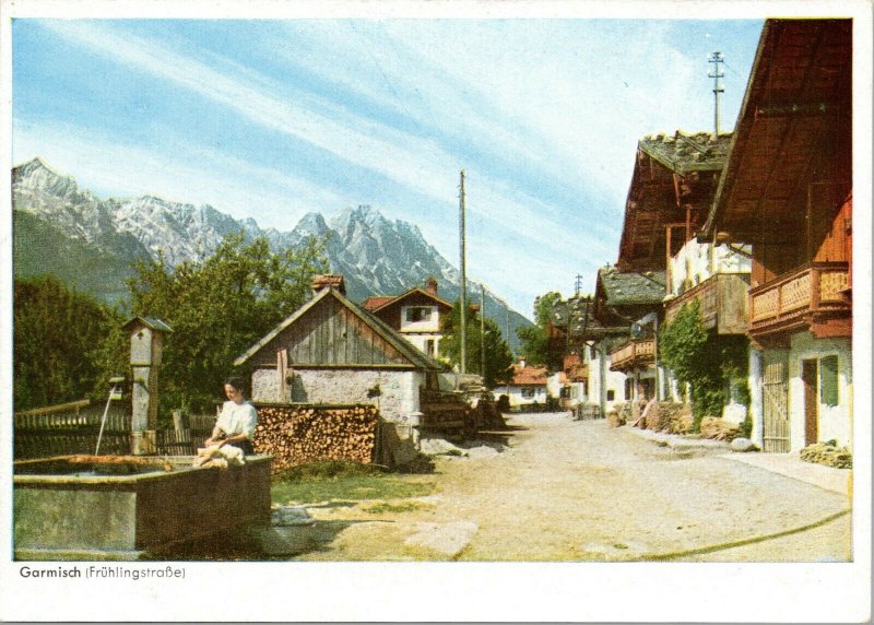 postcard Germany - Garmisch, Spring Road with Alp and Zugspitze
