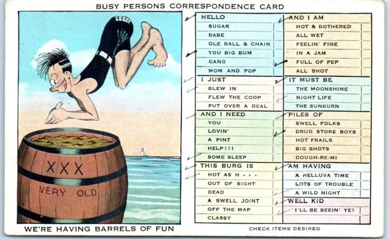Postcard - We're Having Barrels Of Fun, Busy Persons Correspondence Card