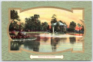 Claus George Sunset Pond Gazebo Fountain Embossed Postcard c1910s Posted